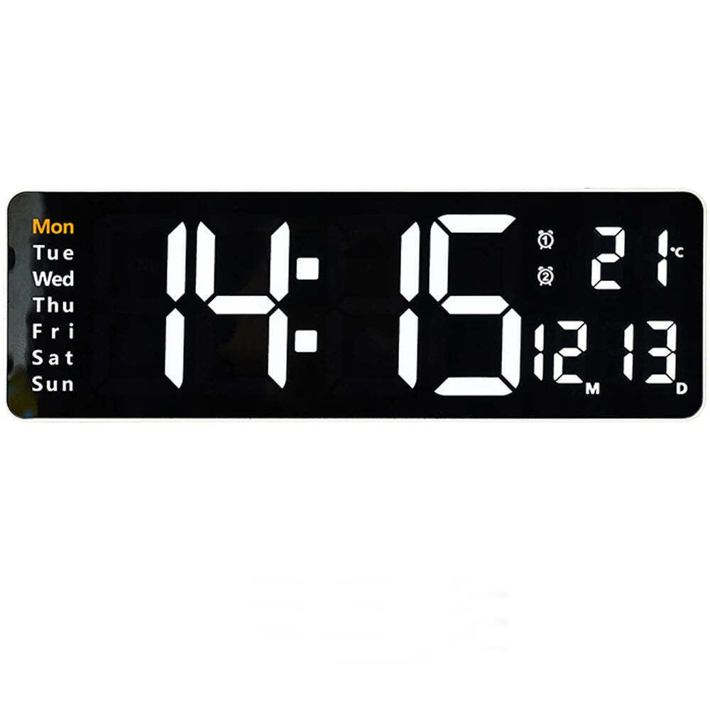 Image of Large digital LED wall clock with calendar, dual alarms, and temperature display for modern home decor