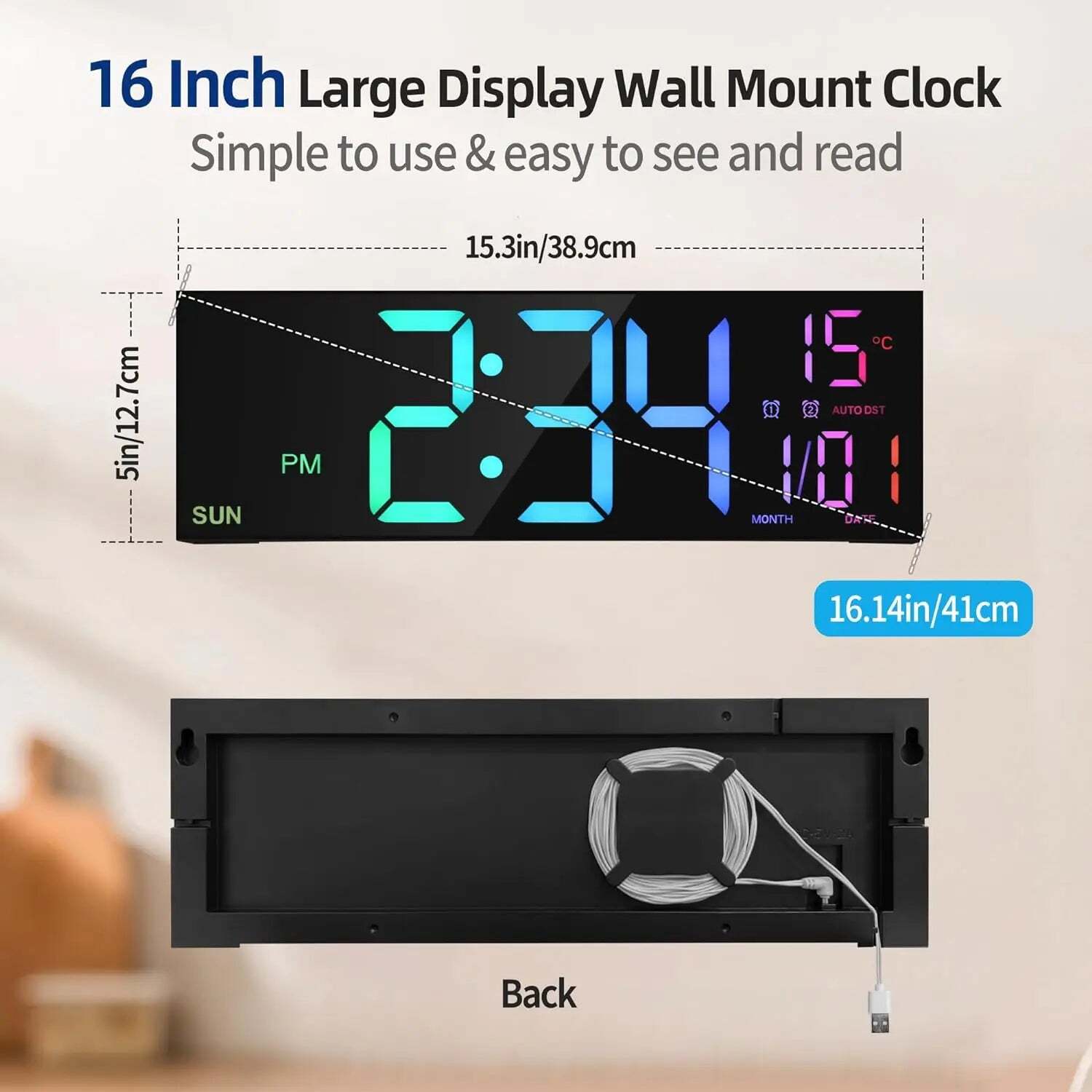 Image of Large digital wall clock with remote control and RGB night light functionality