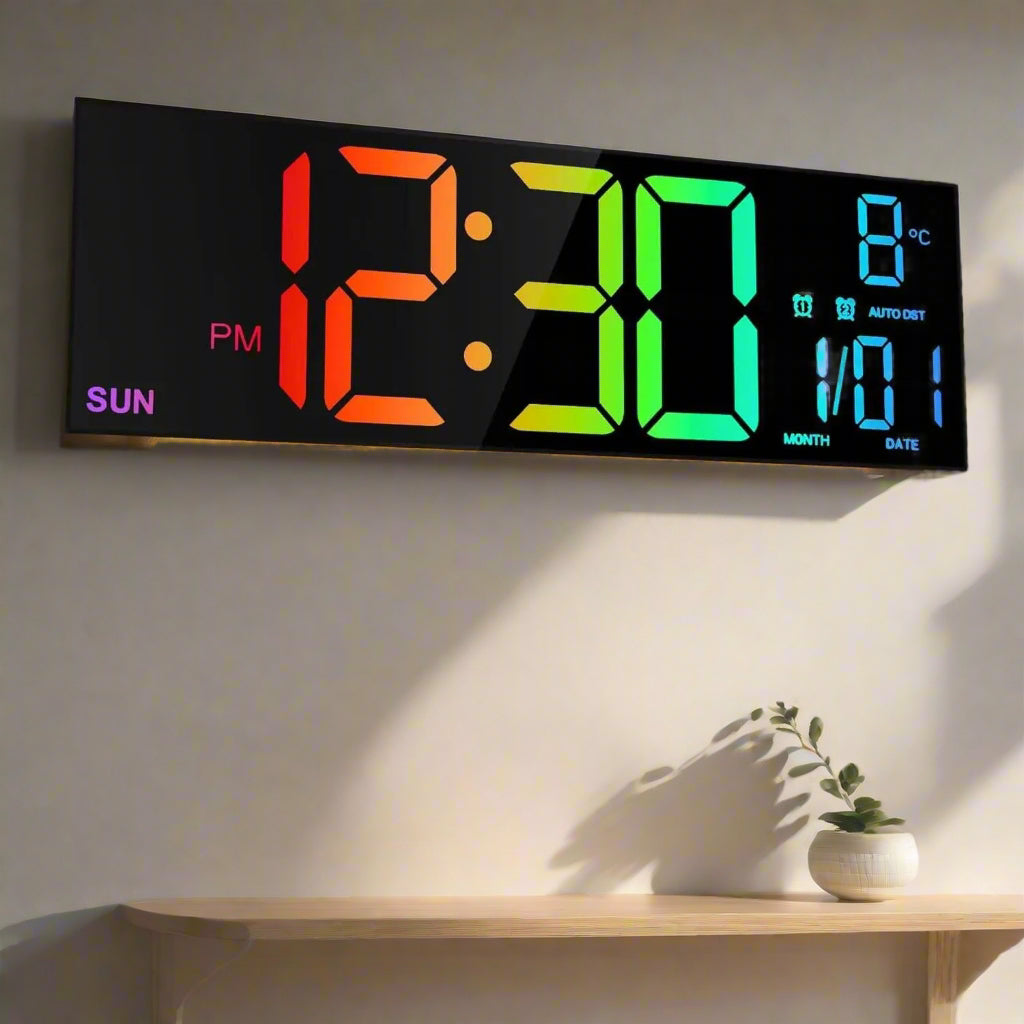 Image of Large digital wall clock with remote control and RGB night light functionality