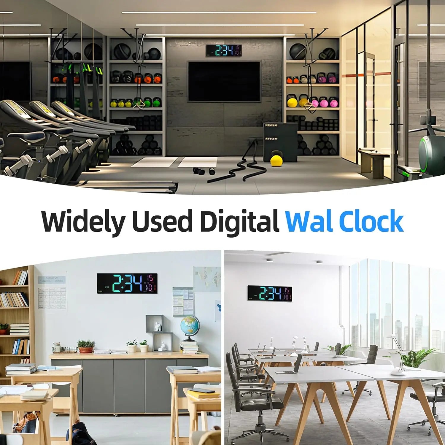 Image of Large digital wall clock with remote control and RGB night light functionality