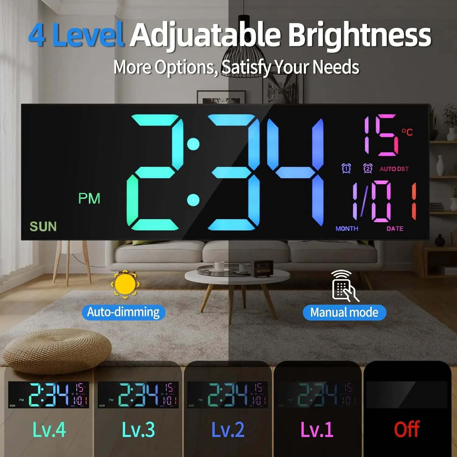 Image of Large digital wall clock with remote control and RGB night light functionality