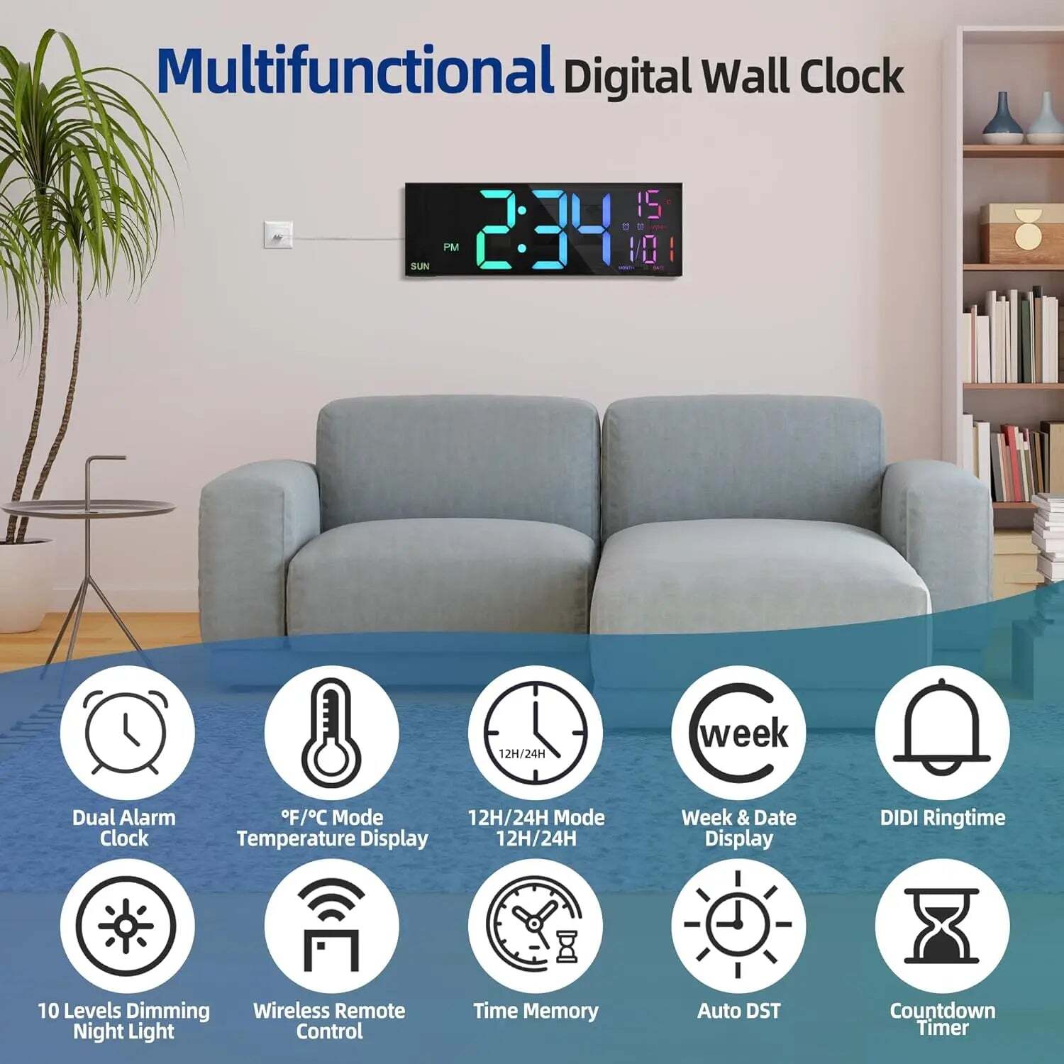 Image of Large digital wall clock with remote control and RGB night light functionality