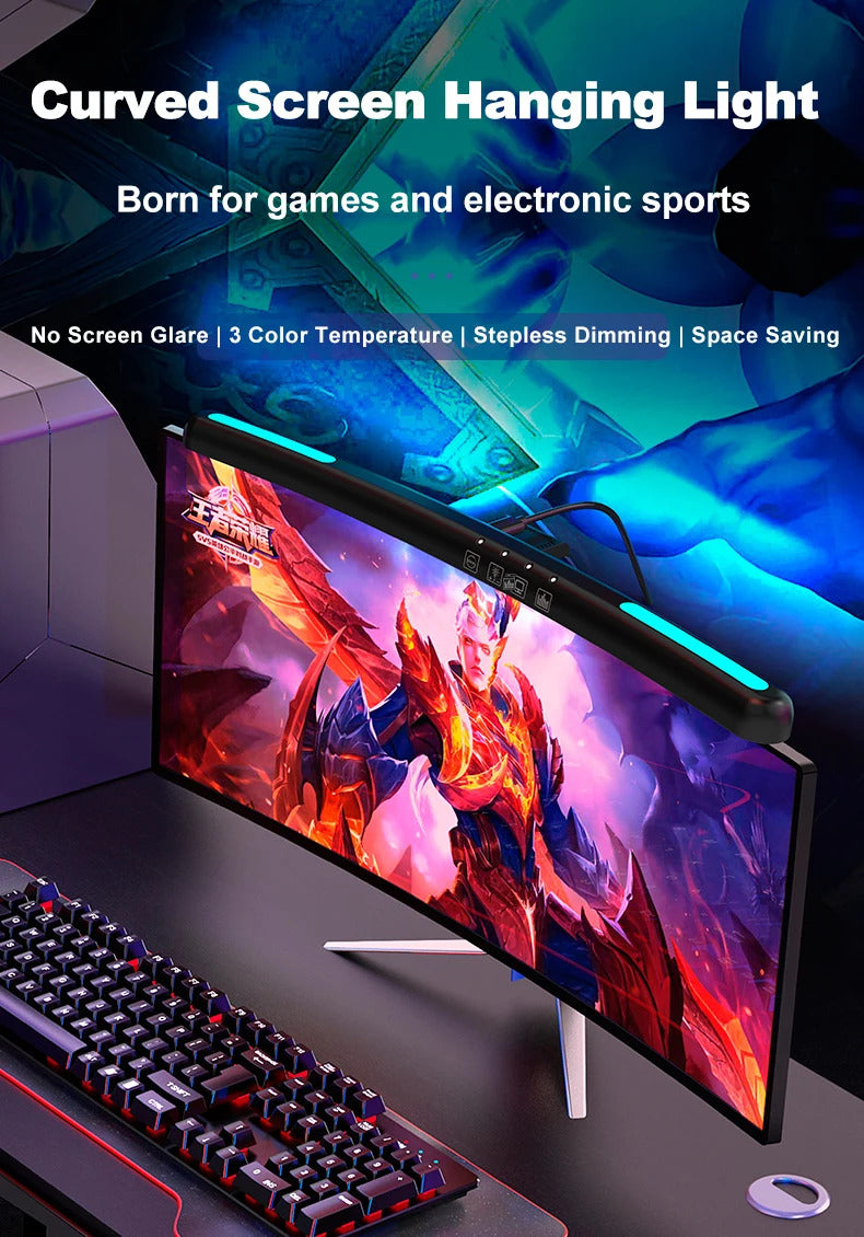 Image of LED computer monitor light bar with stepless dimming and RGB effect for gaming and work ambiance