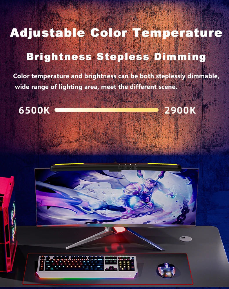 Image of LED computer monitor light bar with stepless dimming and RGB effect for gaming and work ambiance