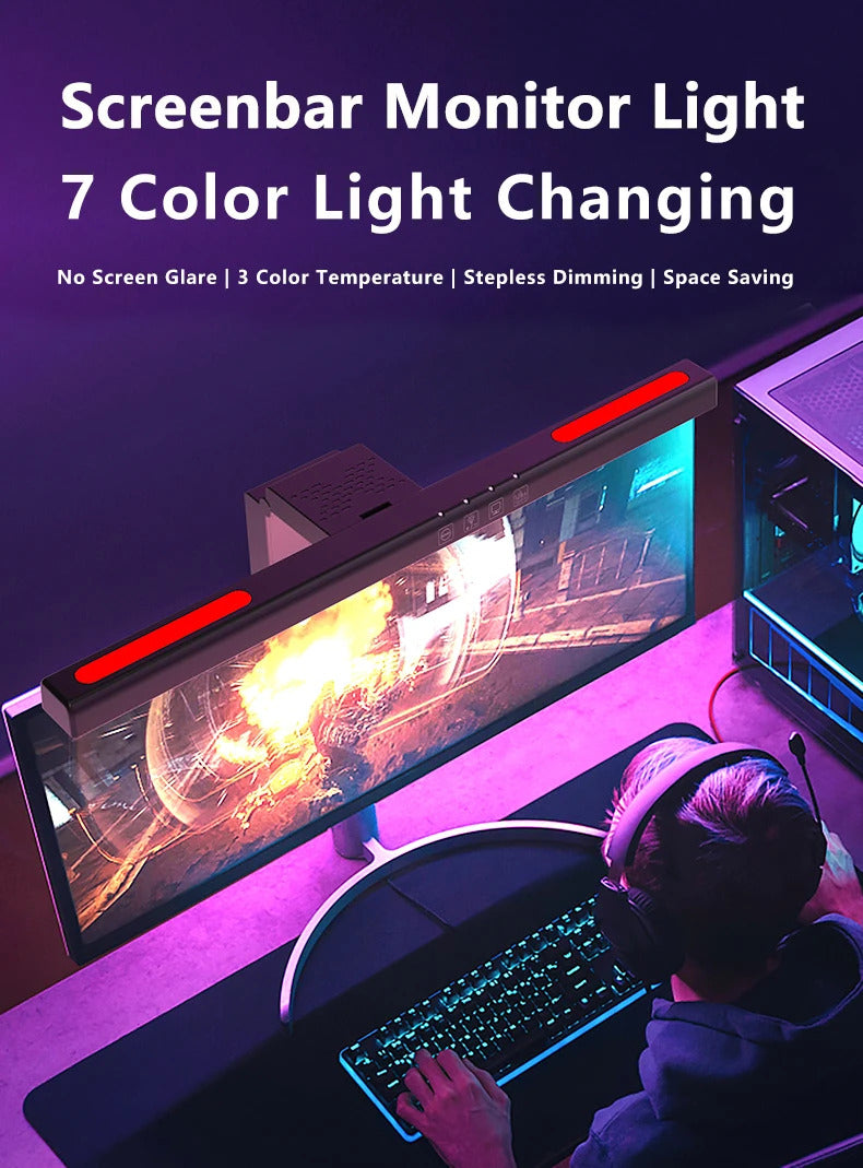 Image of LED computer monitor light bar with stepless dimming and RGB effect for gaming and work ambiance