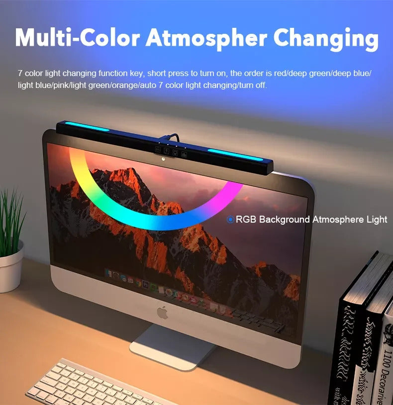 Image of LED computer monitor light bar with stepless dimming and RGB effect for gaming and work ambiance