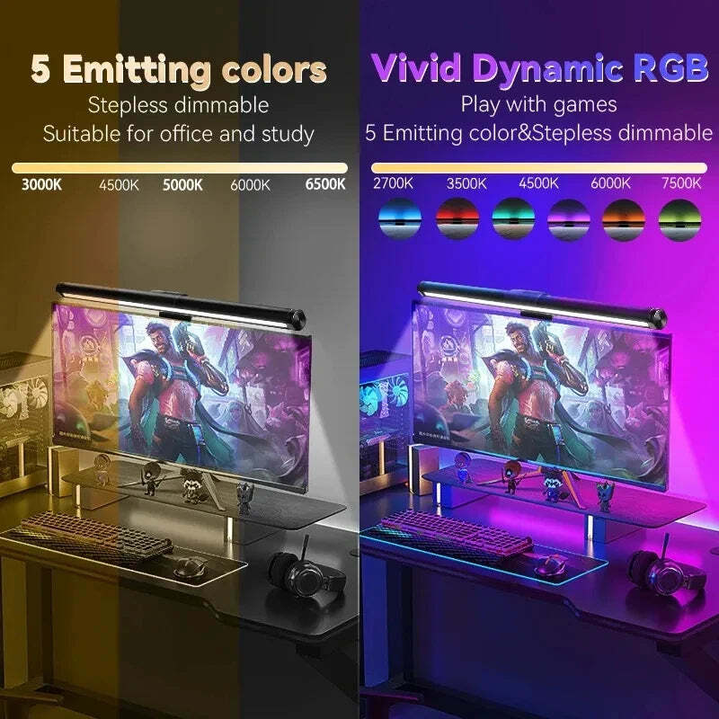 Image of LED computer monitor light bar with stepless dimming and RGB effect for gaming and work ambiance