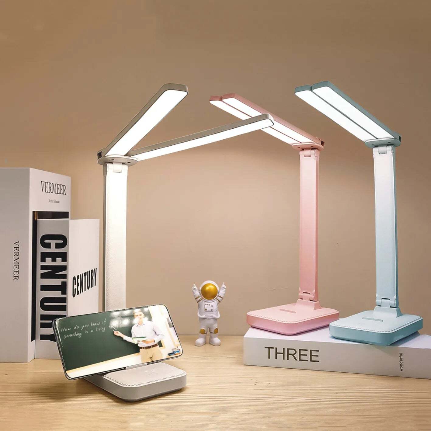 Image of LED desk lamp with 3 levels of dimmable touch control and USB rechargeable design