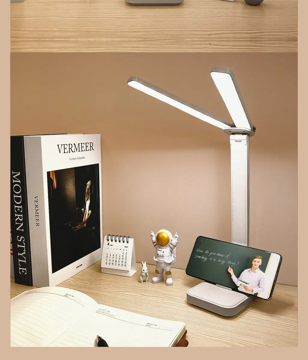 Image of LED desk lamp with 3 levels of dimmable touch control and USB rechargeable design