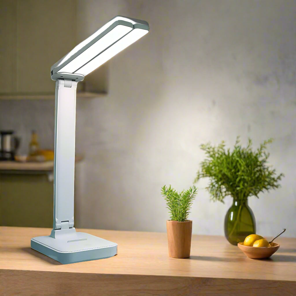 Image of LED desk lamp with 3 levels of dimmable touch control and USB rechargeable design