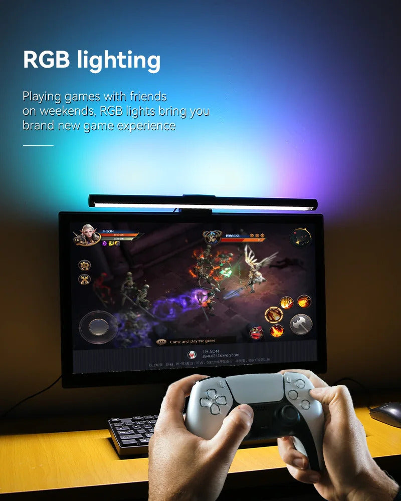 Image of LED desk lamp with RGB lighting and stepless dimming for eye comfort and productivity