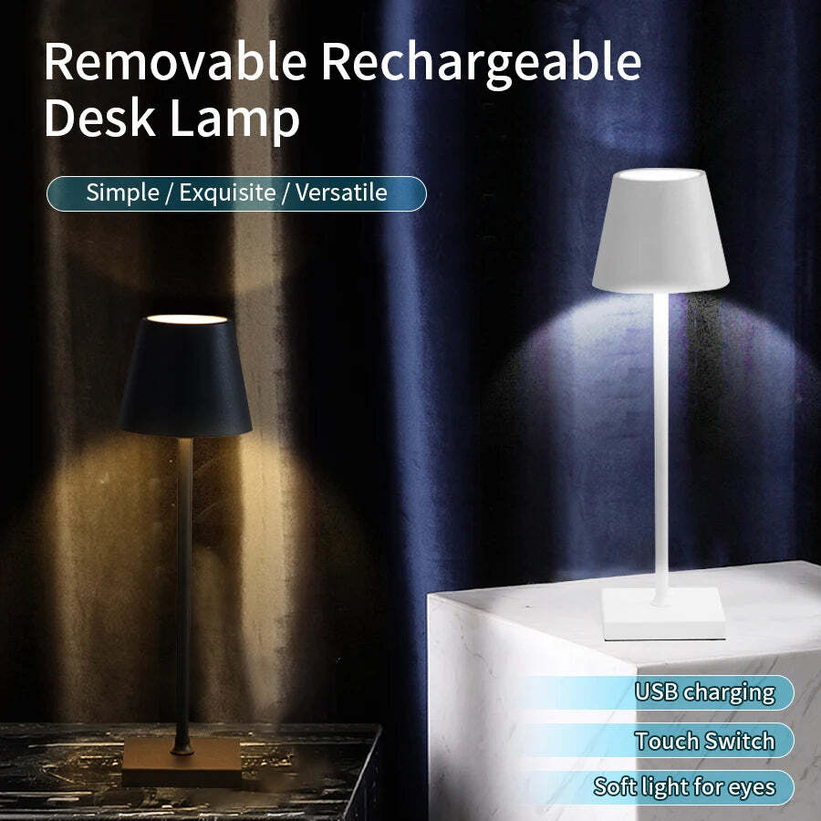 Image of LED desk lamp with USB rechargeable battery and adjustable brightness for home or restaurant use