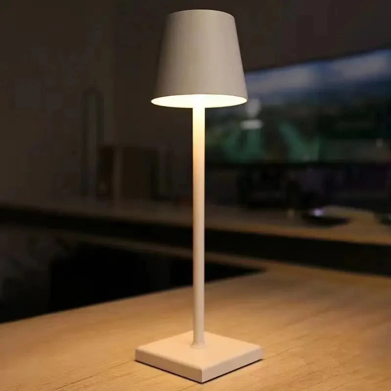 Image of LED desk lamp with USB rechargeable battery and adjustable brightness for home or restaurant use