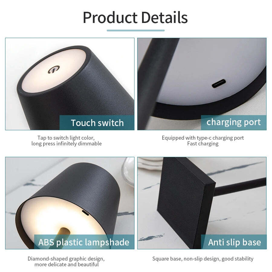 Image of LED desk lamp with USB rechargeable battery and adjustable brightness for home or restaurant use