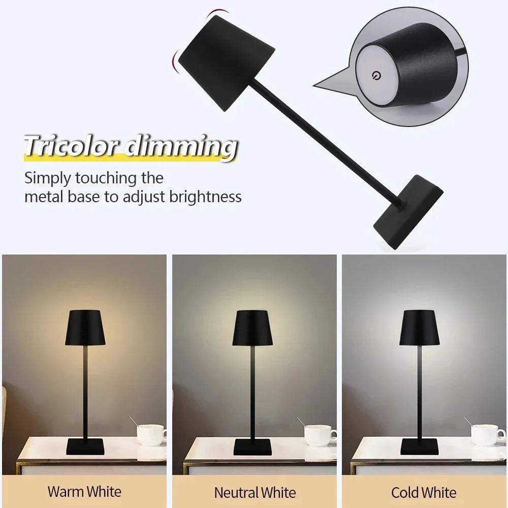 Image of LED desk lamp with USB rechargeable battery and adjustable brightness for home or restaurant use