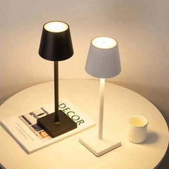 Image of LED desk lamp with USB rechargeable battery and adjustable brightness for home or restaurant use