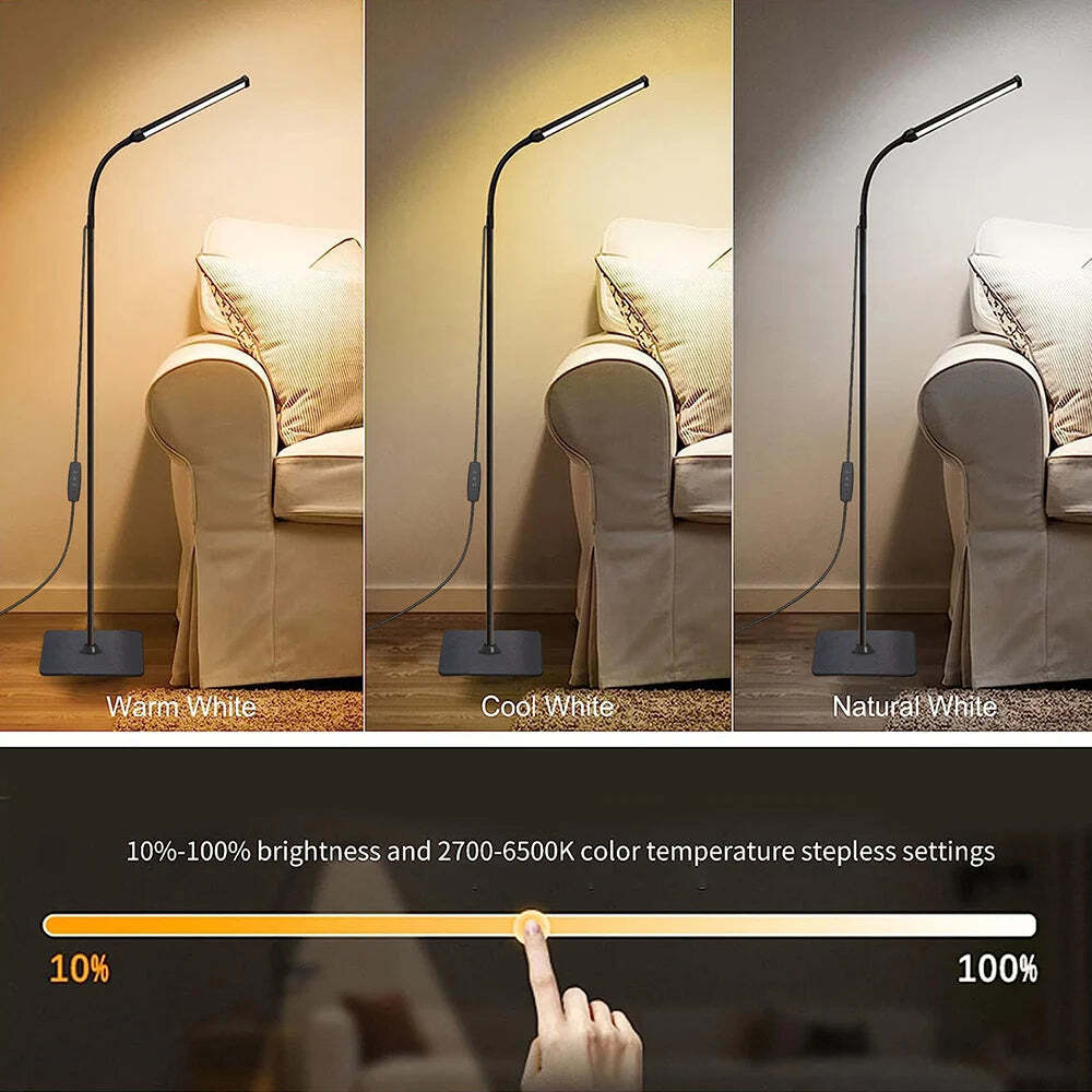 Image of LED floor lamp with adjustable gooseneck and customizable brightness for reading and decor