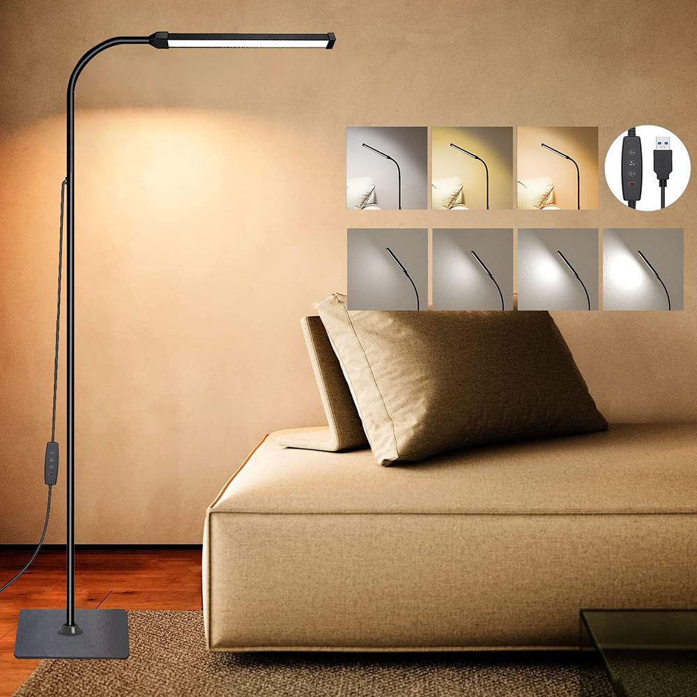 Image of LED floor lamp with adjustable gooseneck and customizable brightness for reading and decor