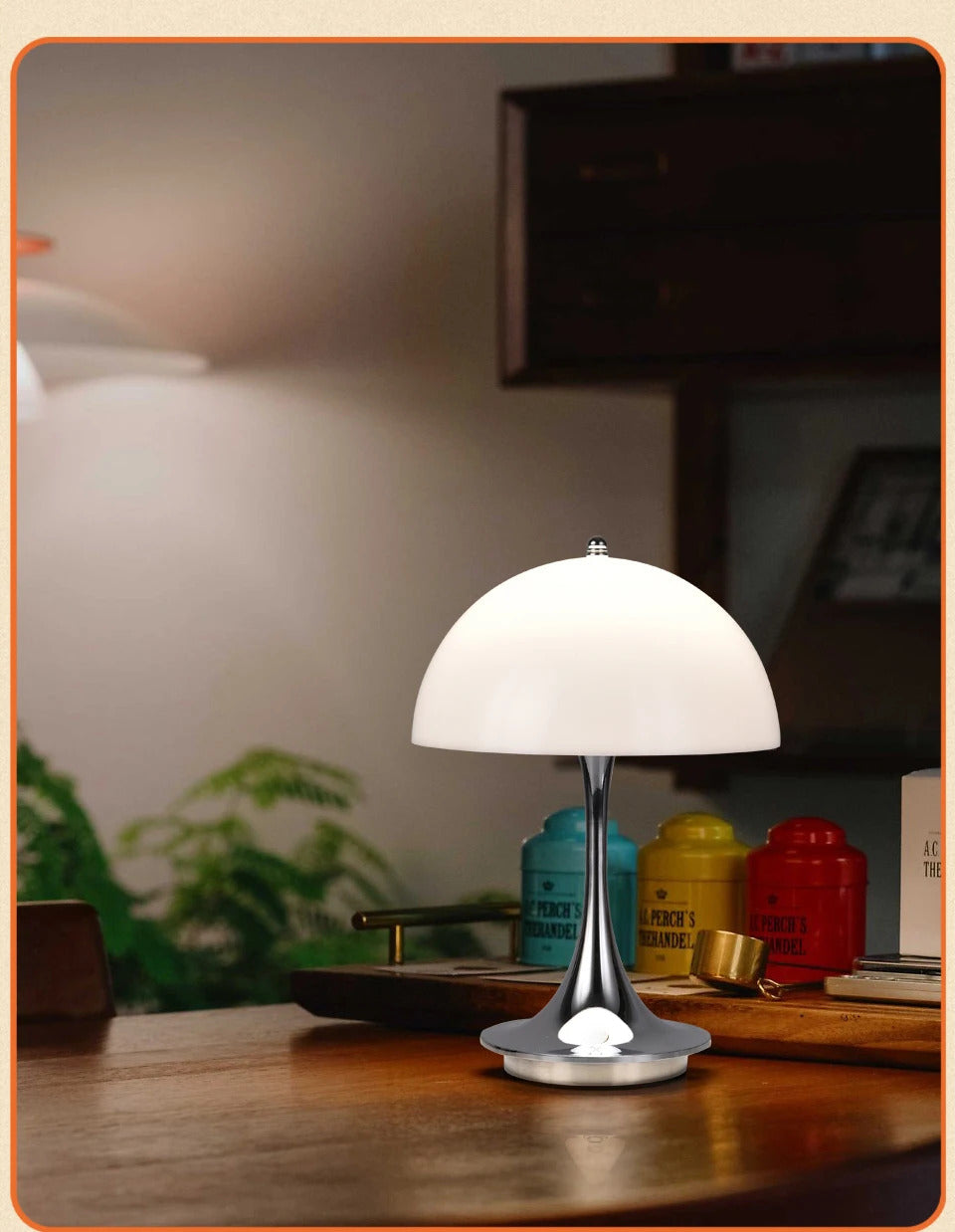 Image of LED mushroom table lamp with USB charging and dimmable features