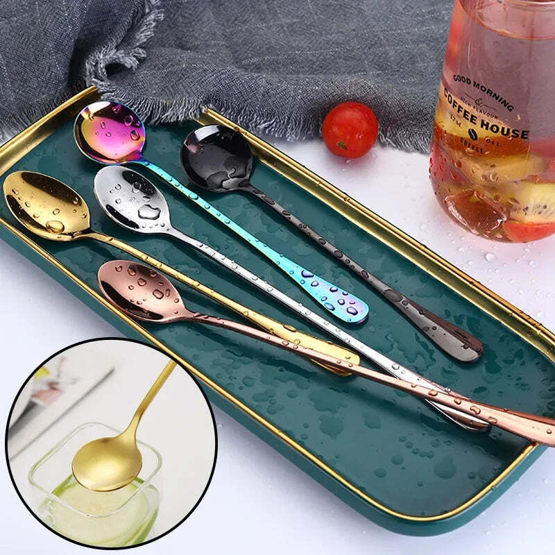 Image of Long handle iced tea spoon set - stainless steel cocktail stirring spoons for coffee and desserts