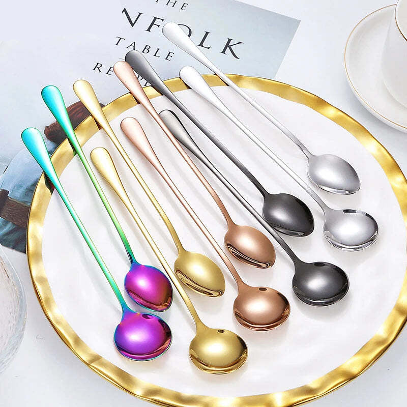 Image of Long handle iced tea spoon set - stainless steel cocktail stirring spoons for coffee and desserts