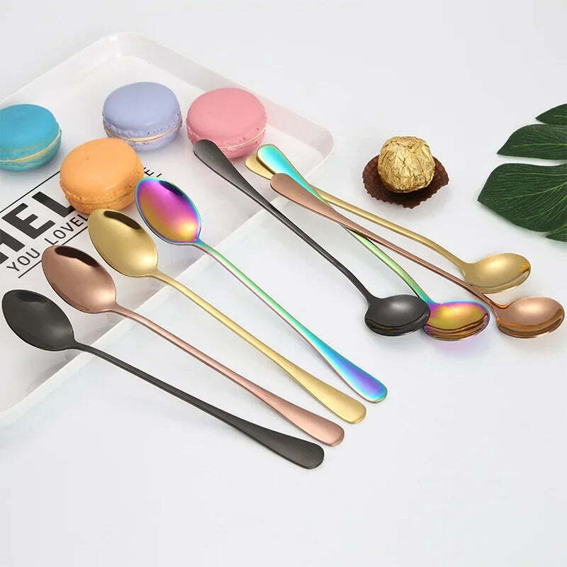 Image of Long handle iced tea spoon set - stainless steel cocktail stirring spoons for coffee and desserts