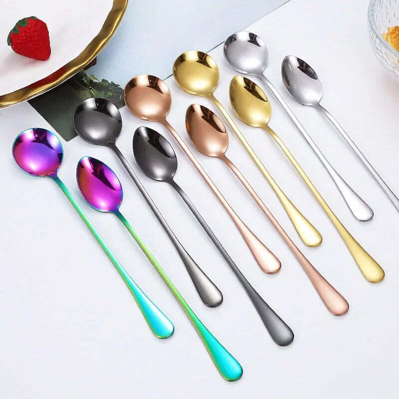 Image of Long handle iced tea spoon set - stainless steel cocktail stirring spoons for coffee and desserts