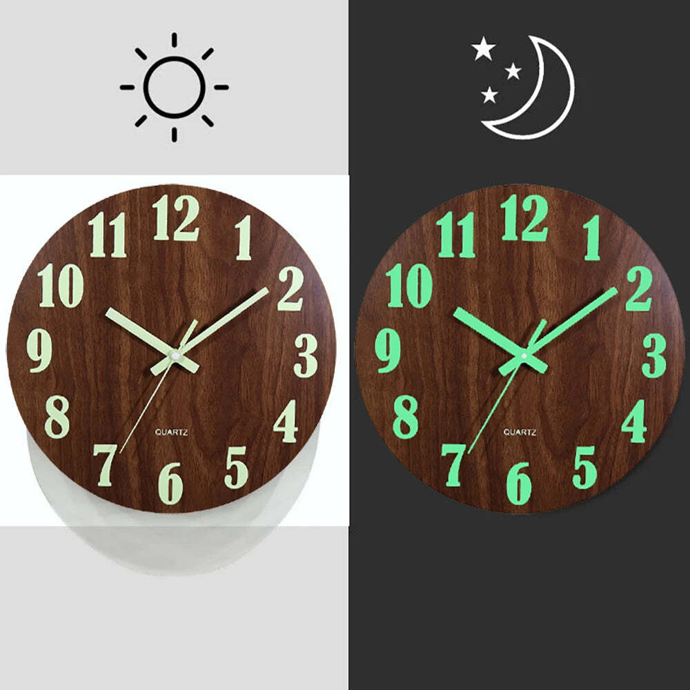 Image of Luminous wooden wall clock with night light and silent operation