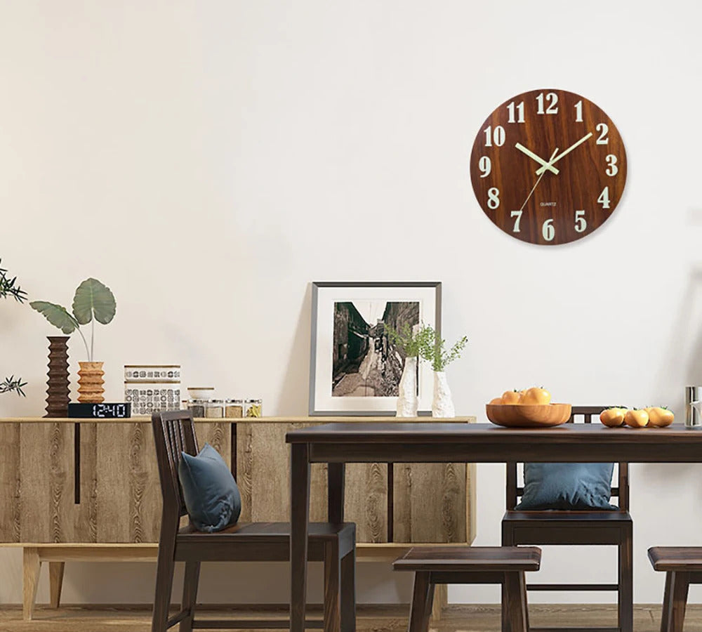 Image of Luminous wooden wall clock with night light and silent operation