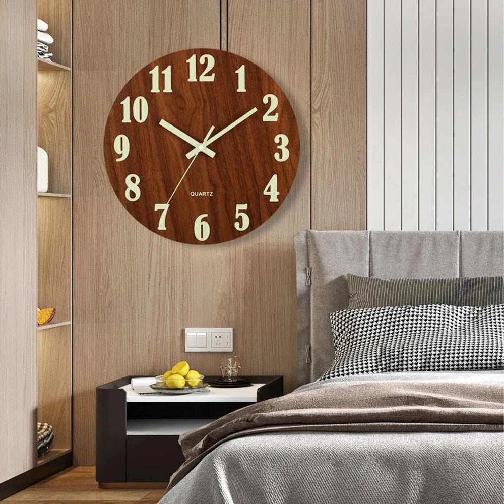 Image of Luminous wooden wall clock with night light and silent operation