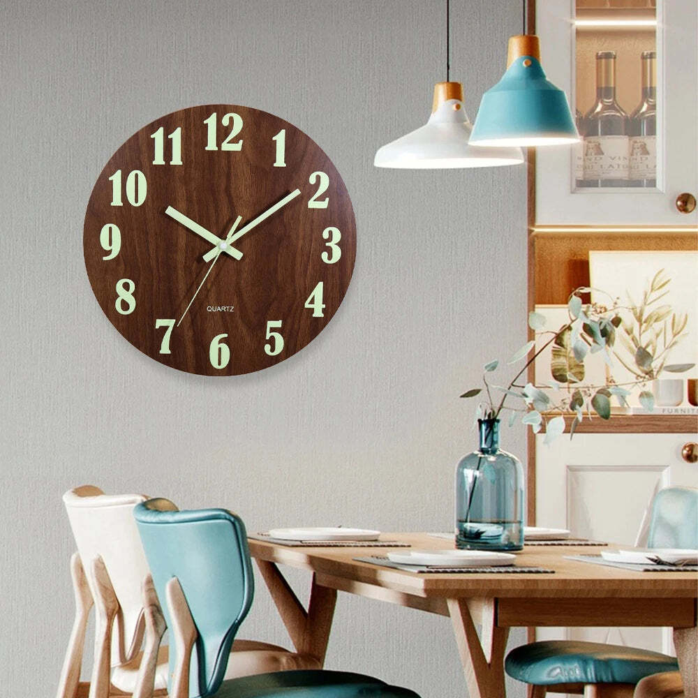 Image of Luminous wooden wall clock with night light and silent operation