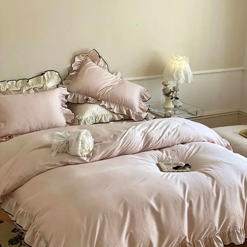 Image of Luxury 1000TC Egyptian cotton French princess wedding bedding set with ruffles and jacquard design