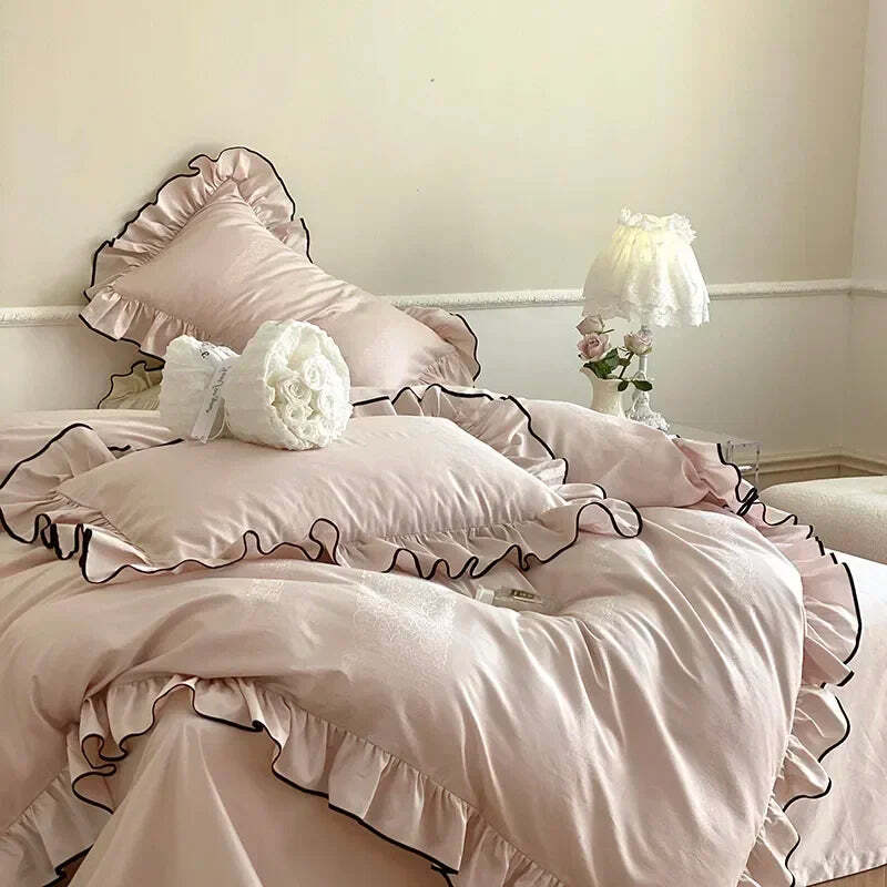 Image of Luxury 1000TC Egyptian cotton French princess wedding bedding set with ruffles and jacquard design