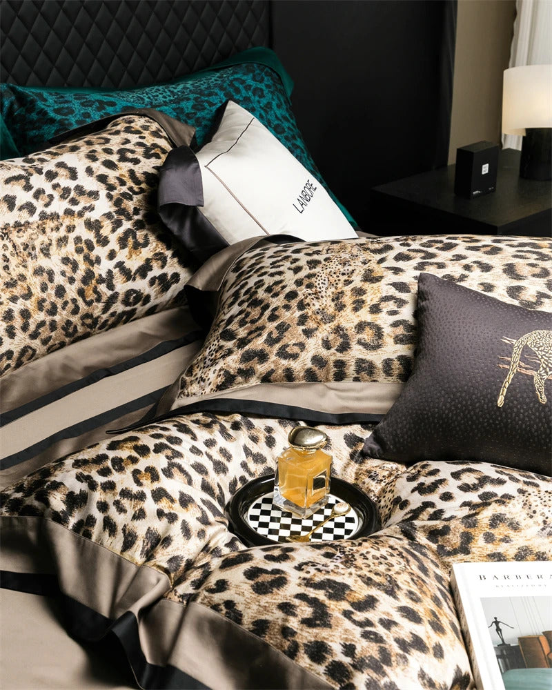 Image of Luxury Egyptian cotton leopard print bedding set with duvet cover, bed sheet, and pillowcases