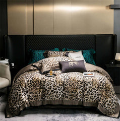 Image of Luxury Egyptian cotton leopard print bedding set with duvet cover, bed sheet, and pillowcases