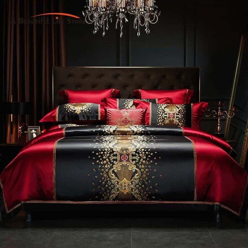 Image of Luxury gold embroidery bedding set with satin brocade and Egyptian cotton duvet cover