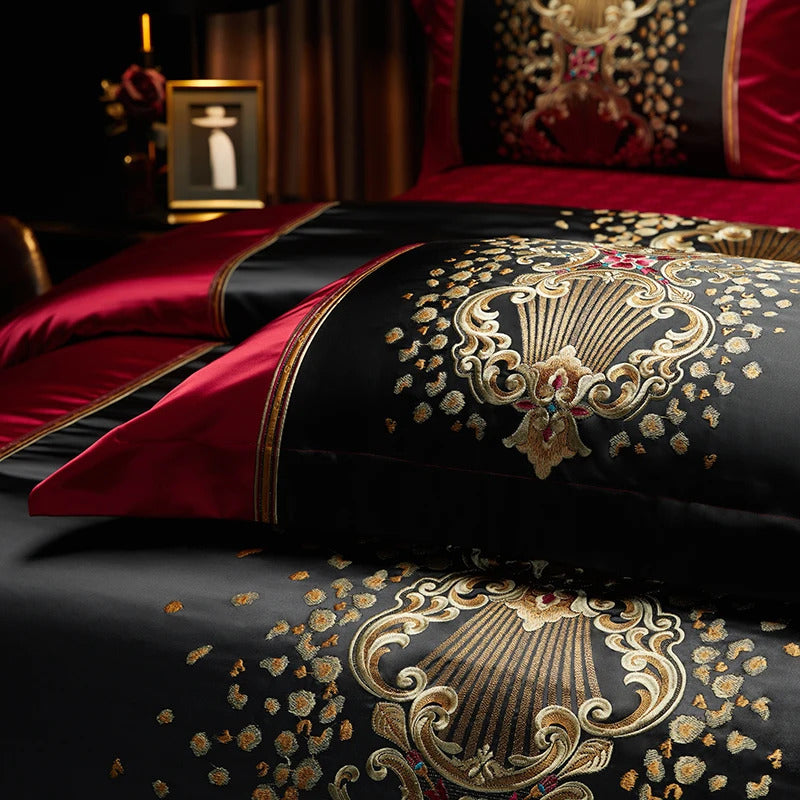 Image of Luxury gold embroidery bedding set with satin brocade and Egyptian cotton duvet cover