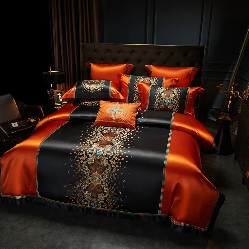 Image of Luxury gold embroidery bedding set with satin brocade and Egyptian cotton duvet cover