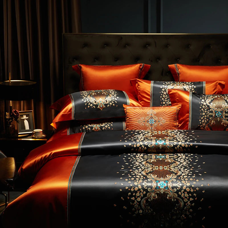 Image of Luxury gold embroidery bedding set with satin brocade and Egyptian cotton duvet cover