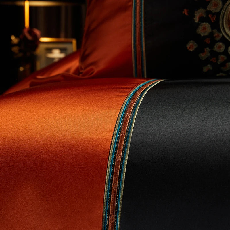 Image of Luxury gold embroidery bedding set with satin brocade and Egyptian cotton duvet cover