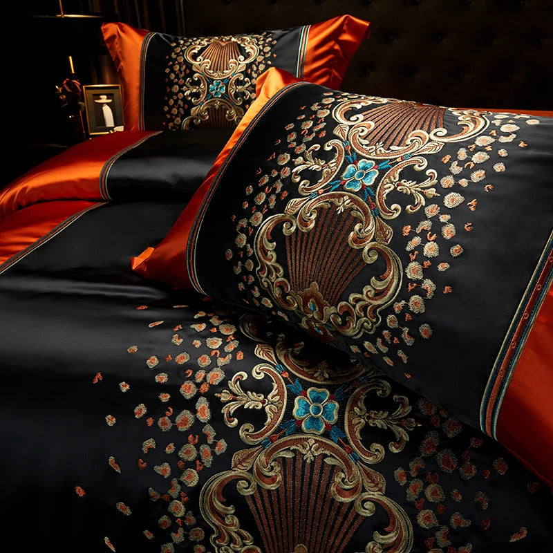 Image of Luxury gold embroidery bedding set with satin brocade and Egyptian cotton duvet cover