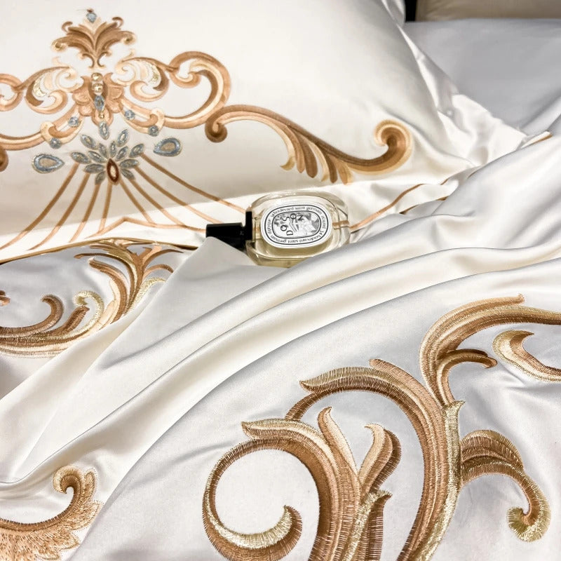 Image of Luxury gold embroidery satin cotton duvet cover and bedding set in pearl white