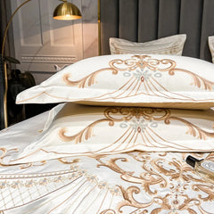 Image of Luxury gold embroidery satin cotton duvet cover and bedding set in pearl white