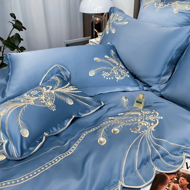 Image of Luxury gold feather embroidery Egyptian cotton bedding set with duvet cover and pillowcases