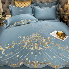 Image of Luxury gold royal embroidery bedding set in pure cotton with satin duvet cover and pillowcases