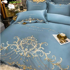 Image of Luxury gold royal embroidery bedding set in pure cotton with satin duvet cover and pillowcases