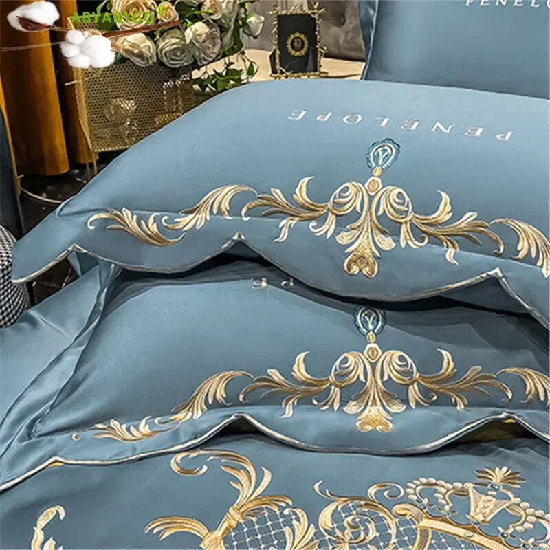 Image of Luxury gold royal embroidery bedding set in pure cotton with satin duvet cover and pillowcases