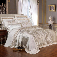 Image of Luxury green jacquard satin cotton bedding set with embroidered duvet cover and pillowcases