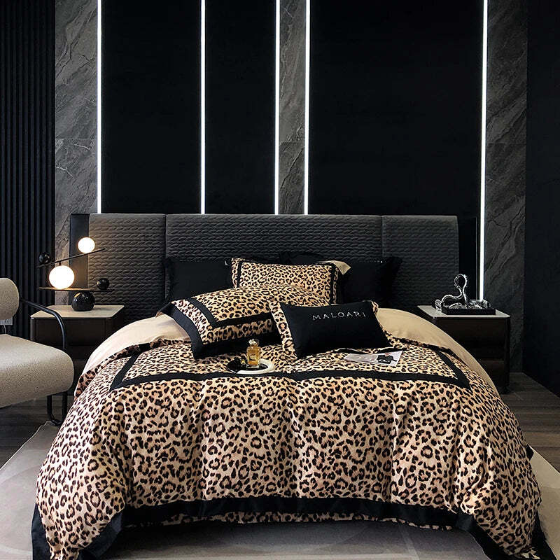 Image of Luxury leopard print lyocell cotton brushed bedding set with duvet cover, bed sheet, and pillowcases