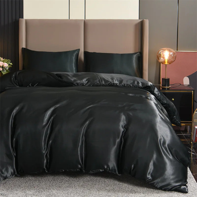 Image of Luxury satin duvet cover set with pillowcases in solid black